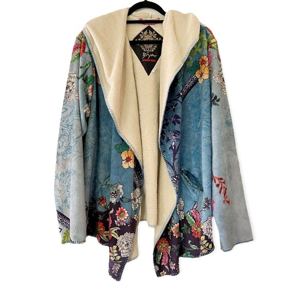 Johnny Was Jackets & Blazers - JOHNNY WAS NWOT Sherpa Hooded Jacket Cozy Open Coat Sz XL Floral Blue Pockets